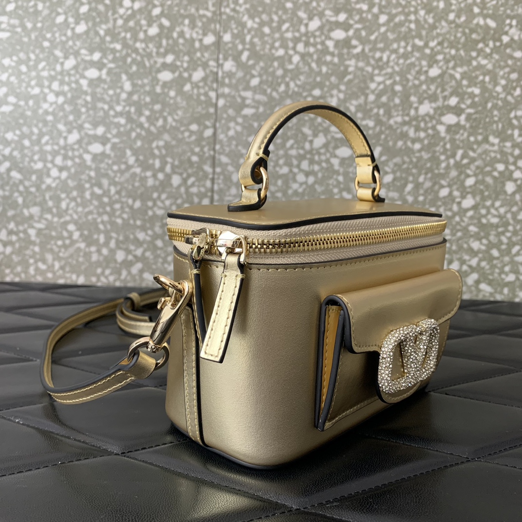 Valentino Garavani Loco Mini Box Bag in Gold Calfskin Leather 